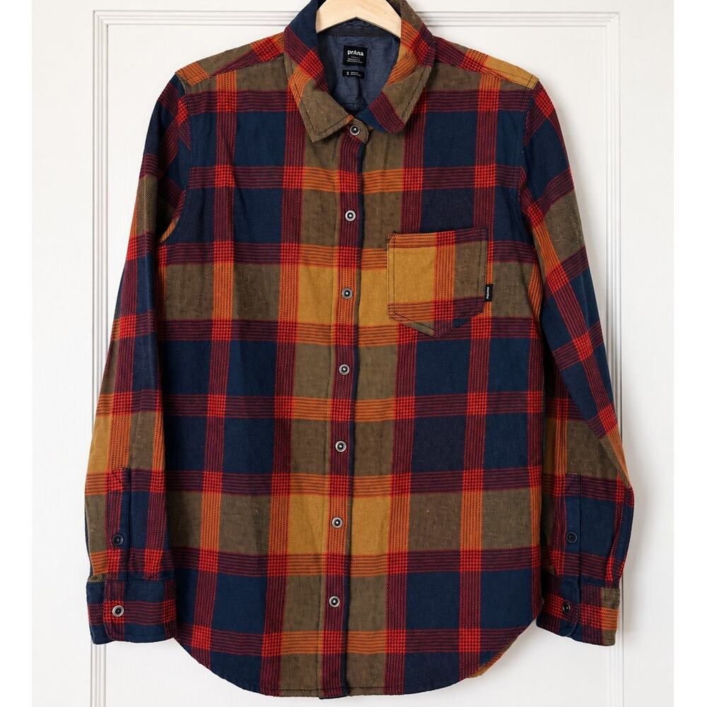 prAna Men’s Organic Cotton Plaid Flannel Snap Button Front Shirt Size Small